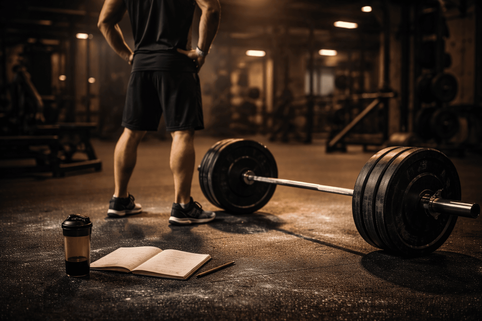 Strength training station with barbell, plates, and logged workout progression.