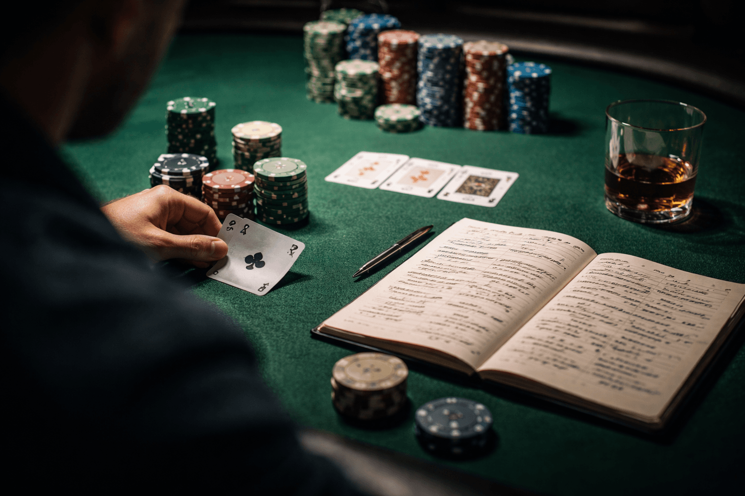 Poker table setup with chips, cards, and a session notebook for tracking decisions.